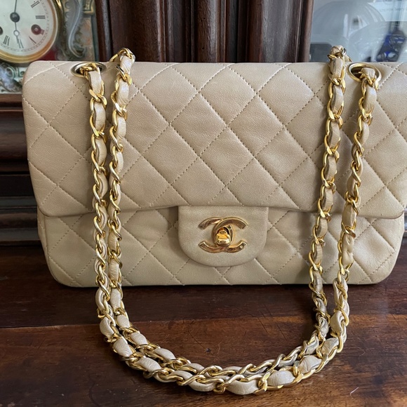 CHANEL Handbags - Chanel Quilted Lamb skin Small Double Flap Beige
